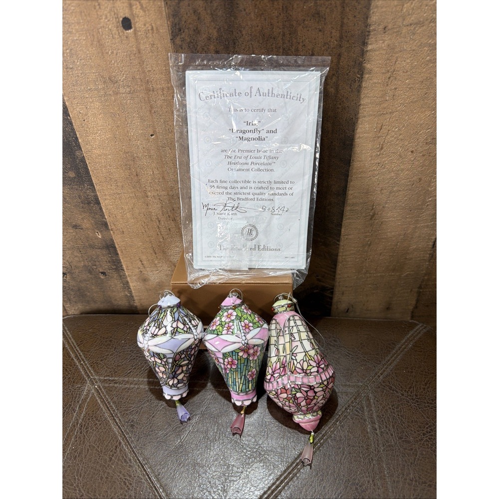 Bradford Editions Era of Louis Tiffany Porcelain 3 Ornaments "Premier Issue" COA